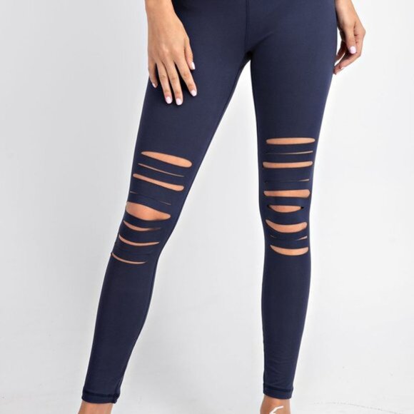 Ripped Cut-out Leggings for Women, Wide Waisted Yoga Pants, Tummy Control - Picture 4 of 9